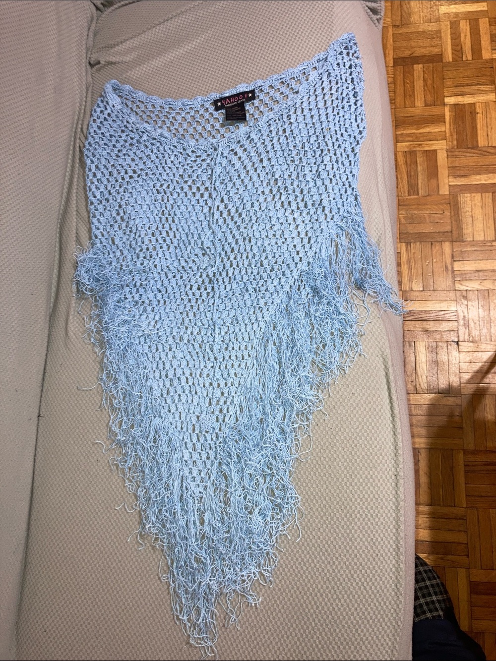 Yarn-Dyed Light Blue Fringe Knit Poncho by Xhilaration